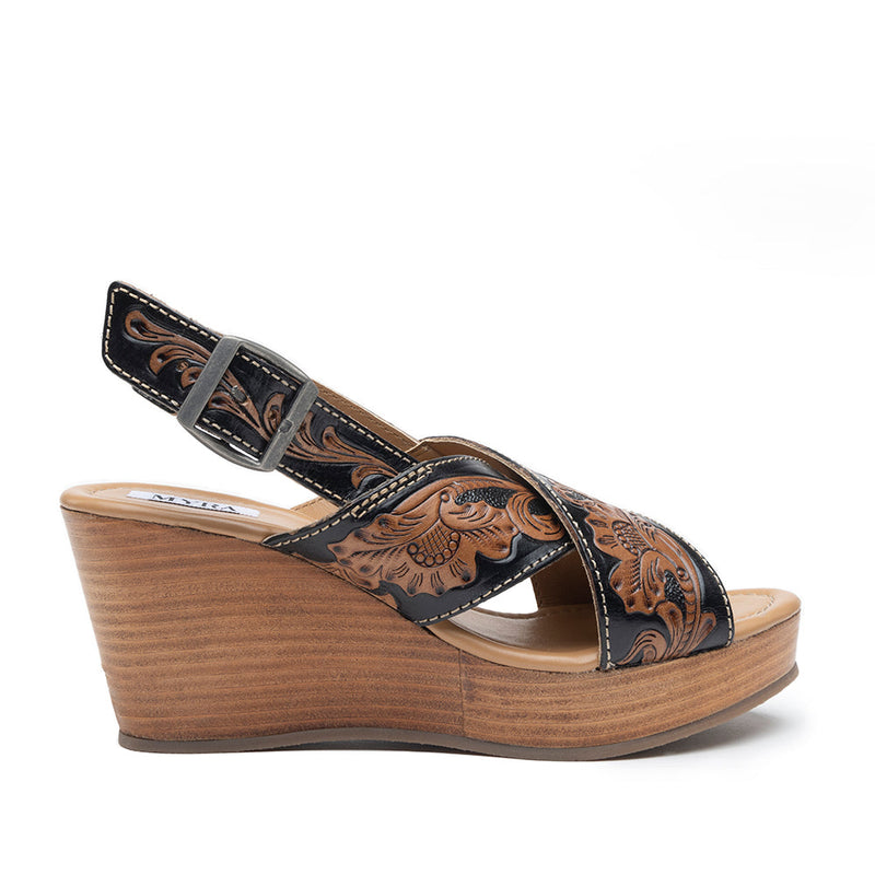 Handtooled sandals for women with a chunky wooden heel with black and brown embossed strap