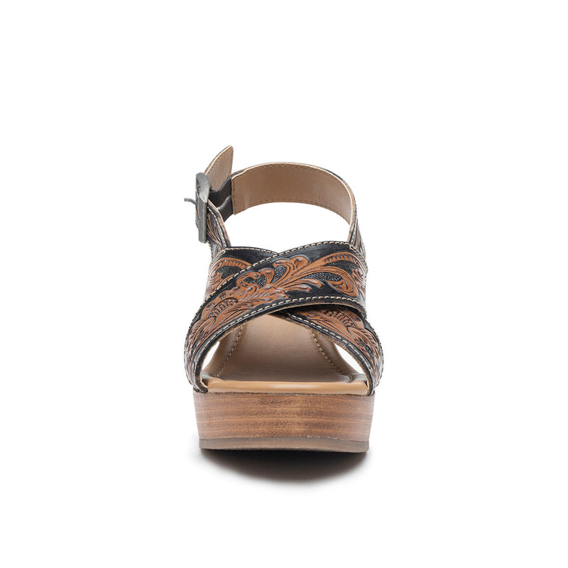 Handtooled sandals for women with a chunky wooden heel with black and brown embossed strap