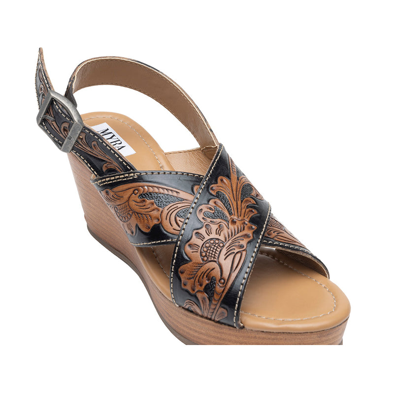 Handtooled sandals for women with a chunky wooden heel with black and brown embossed strap