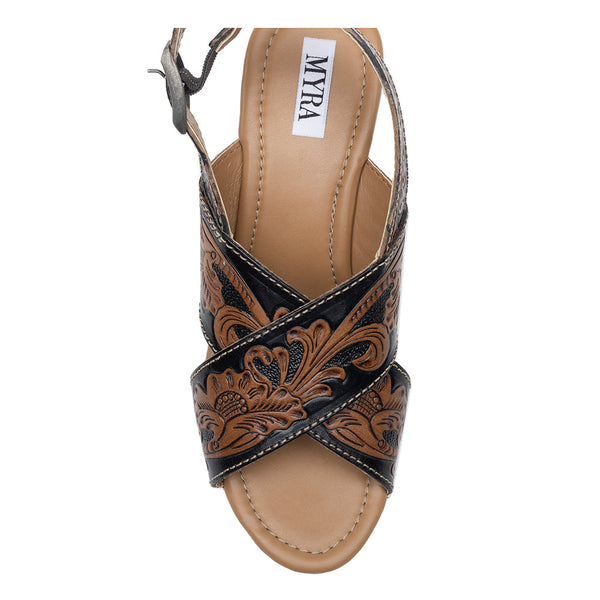 Handtooled sandals for women with a chunky wooden heel with black and brown embossed strap