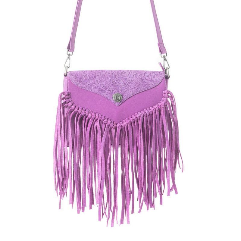 Wild West Fringe Leather Crossbody Bag in Purple