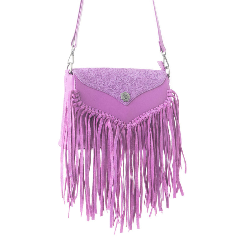 Wild West Fringe Leather Crossbody Bag in Purple