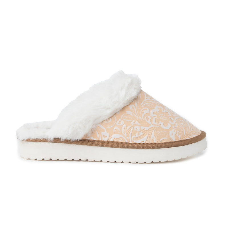 Snowdrift Embossed Leather Slippers in Wintry Beige - Myra USA