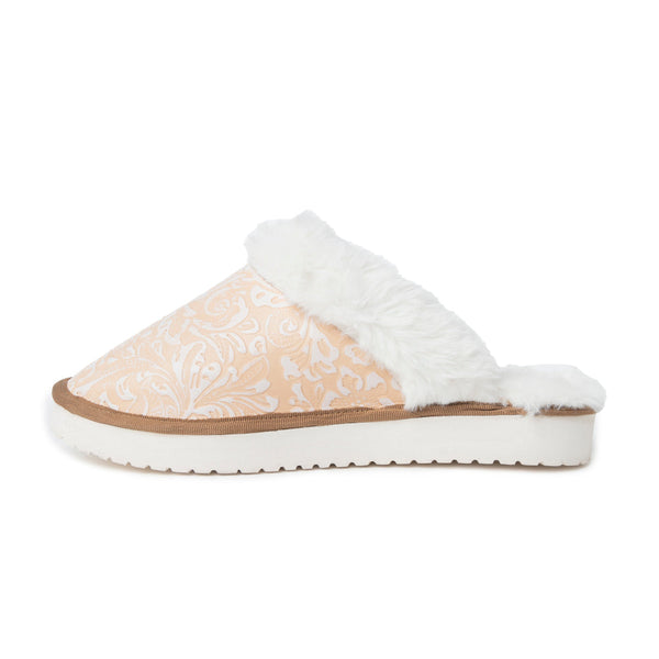 Snowdrift Embossed Leather Slippers in Wintry Beige - Myra USA