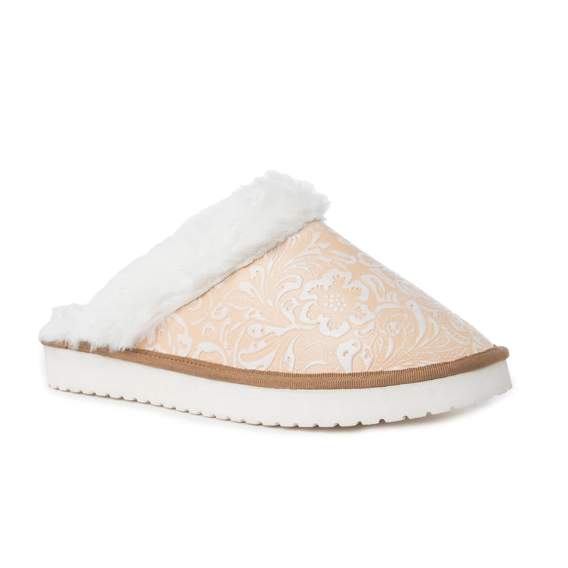 Snowdrift Embossed Leather Slippers in Wintry Beige - Myra USA