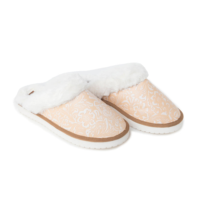Snowdrift Embossed Leather Slippers in Wintry Beige - Myra USA