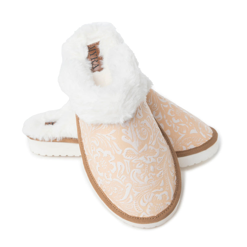 Snowdrift Embossed Leather Slippers in Wintry Beige - Myra USA