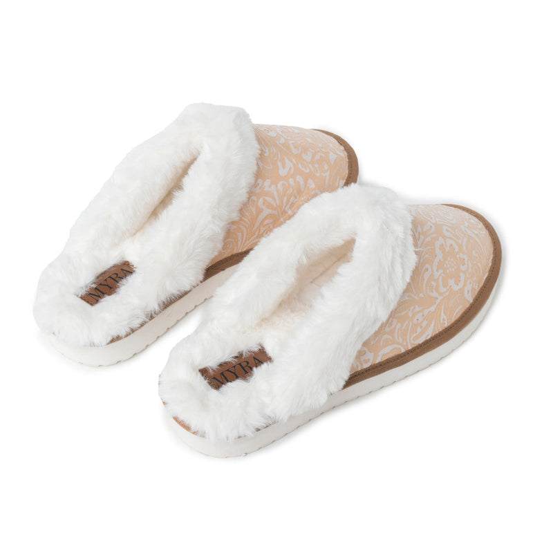 Snowdrift Embossed Leather Slippers in Wintry Beige - Myra USA