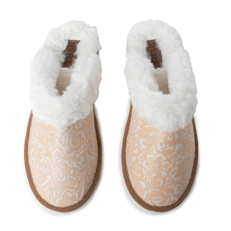 Snowdrift Embossed Leather Slippers in Wintry Beige - Myra USA
