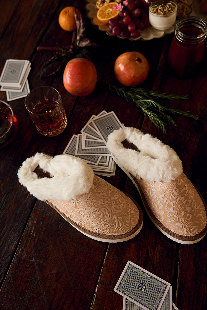 Snowdrift Embossed Leather Slippers in Wintry Beige - Myra USA