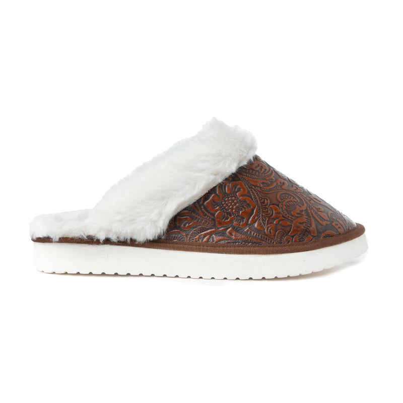 Snowdrift Embossed Leather Slippers in Dark Brown - Myra USA