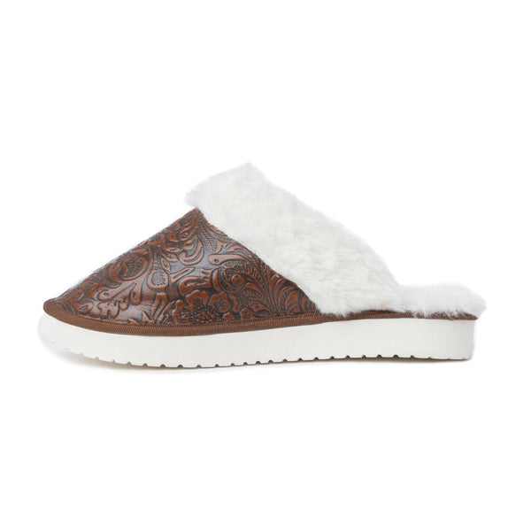 Snowdrift Embossed Leather Slippers in Dark Brown - Myra USA