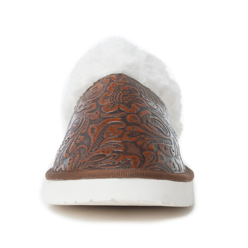 Snowdrift Embossed Leather Slippers in Dark Brown - Myra USA