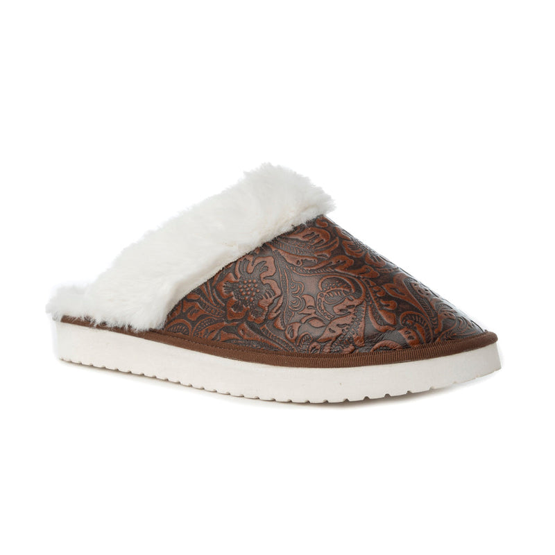 Snowdrift Embossed Leather Slippers in Dark Brown - Myra USA