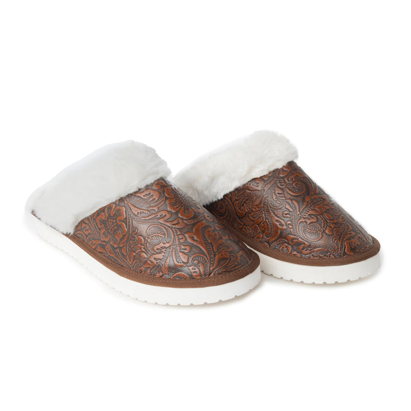 Snowdrift Embossed Leather Slippers in Dark Brown - Myra USA