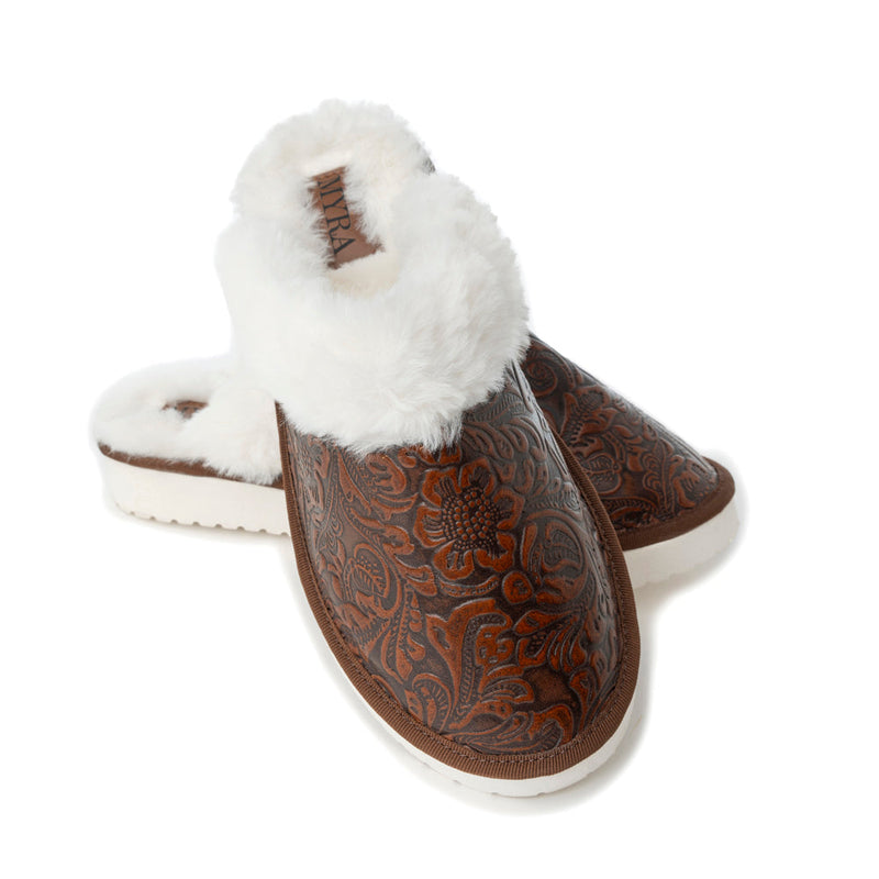 Snowdrift Embossed Leather Slippers in Dark Brown - Myra USA