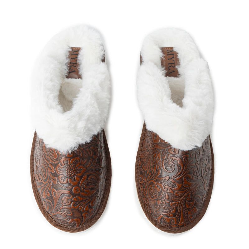 Snowdrift Embossed Leather Slippers in Dark Brown - Myra USA