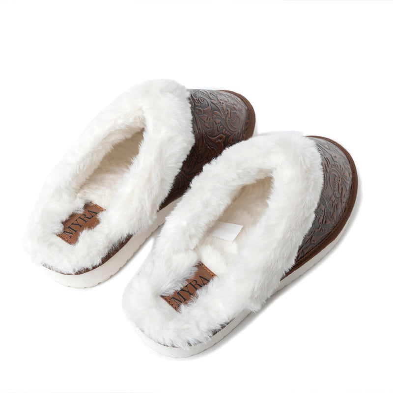 Snowdrift Embossed Leather Slippers in Dark Brown - Myra USA