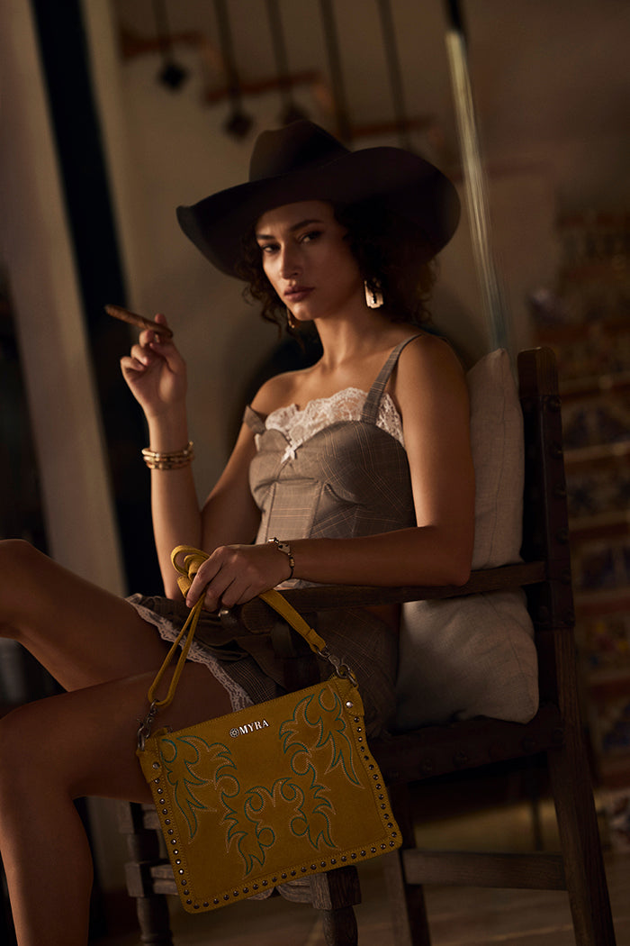 Texas Rose Western Embroidered Leather Bag in Yellow