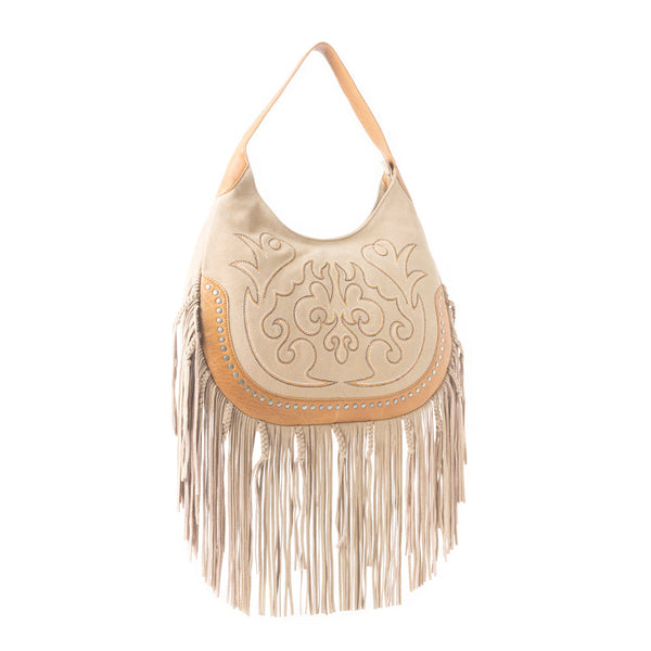 Sage Whisper Fringe Leather Bag in Beige