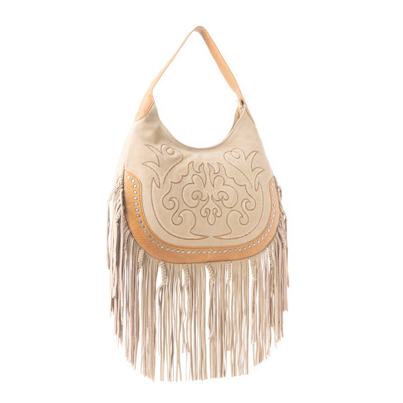 Sage Whisper Fringe Leather Bag in Beige