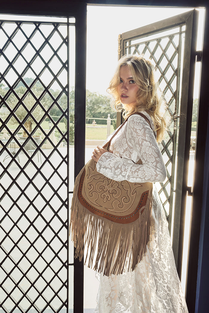 Sage Whisper Fringe Leather Bag in Beige