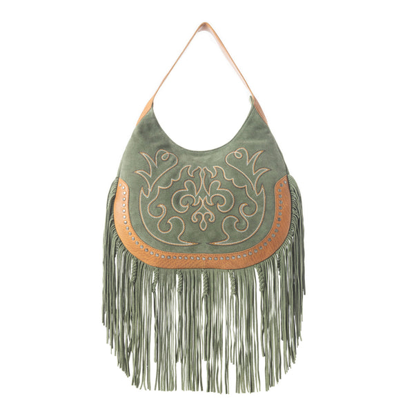 Sage Whisper Fringe Leather Bag in Green