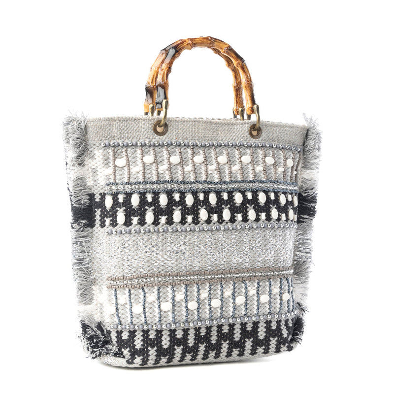 Tundra Trail Hand Embroidered Tote Bag in Silver Dune