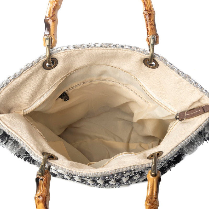 Tundra Trail Hand Embroidered Tote Bag in Silver Dune