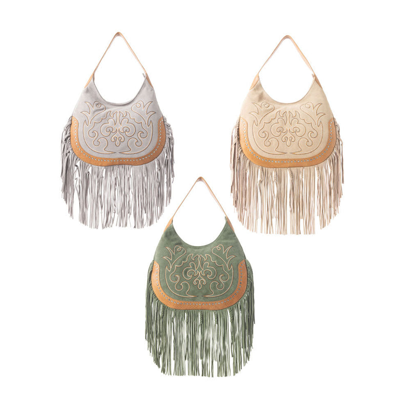 Sage Whisper Fringe Leather Bag in Green